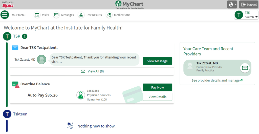 Screenshot of MyChart homepage after redesign