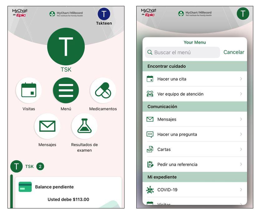 Screenshots of new mobile MiRecord homepage and menu structure