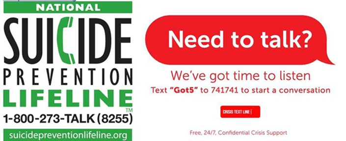 National Suicide Prevention Lifeline at 1-800-273-8255 (en español 1-888-628-9454)
