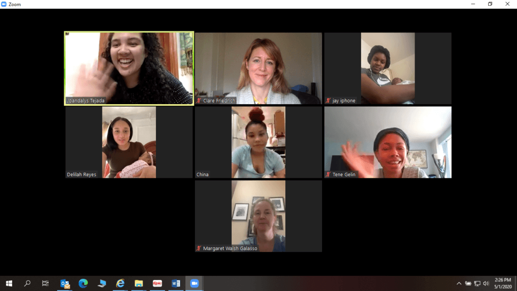 Mothers and babies partake in a reunion for their Centering group over Zoom