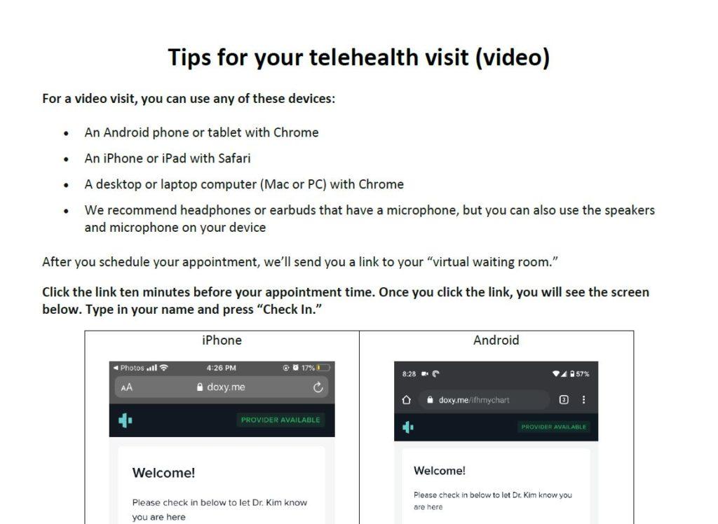 Screenshot of tip sheet about telehealth visits