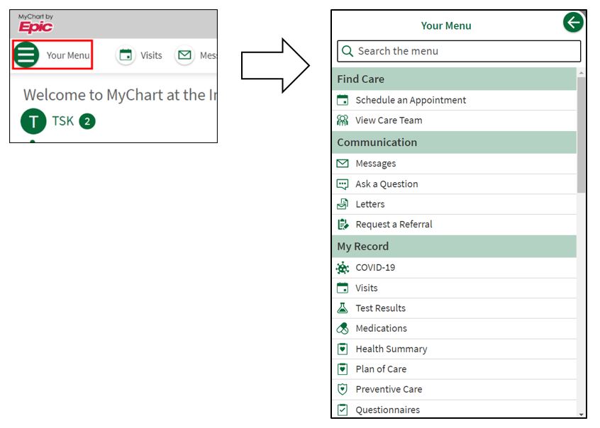 Screenshot of new MyChart menu