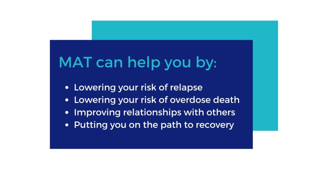 MAT can help you by: • Lowering your risk of relapse • Lowering your risk of overdose death • Improving relationships with others • Putting you on the path to recovery